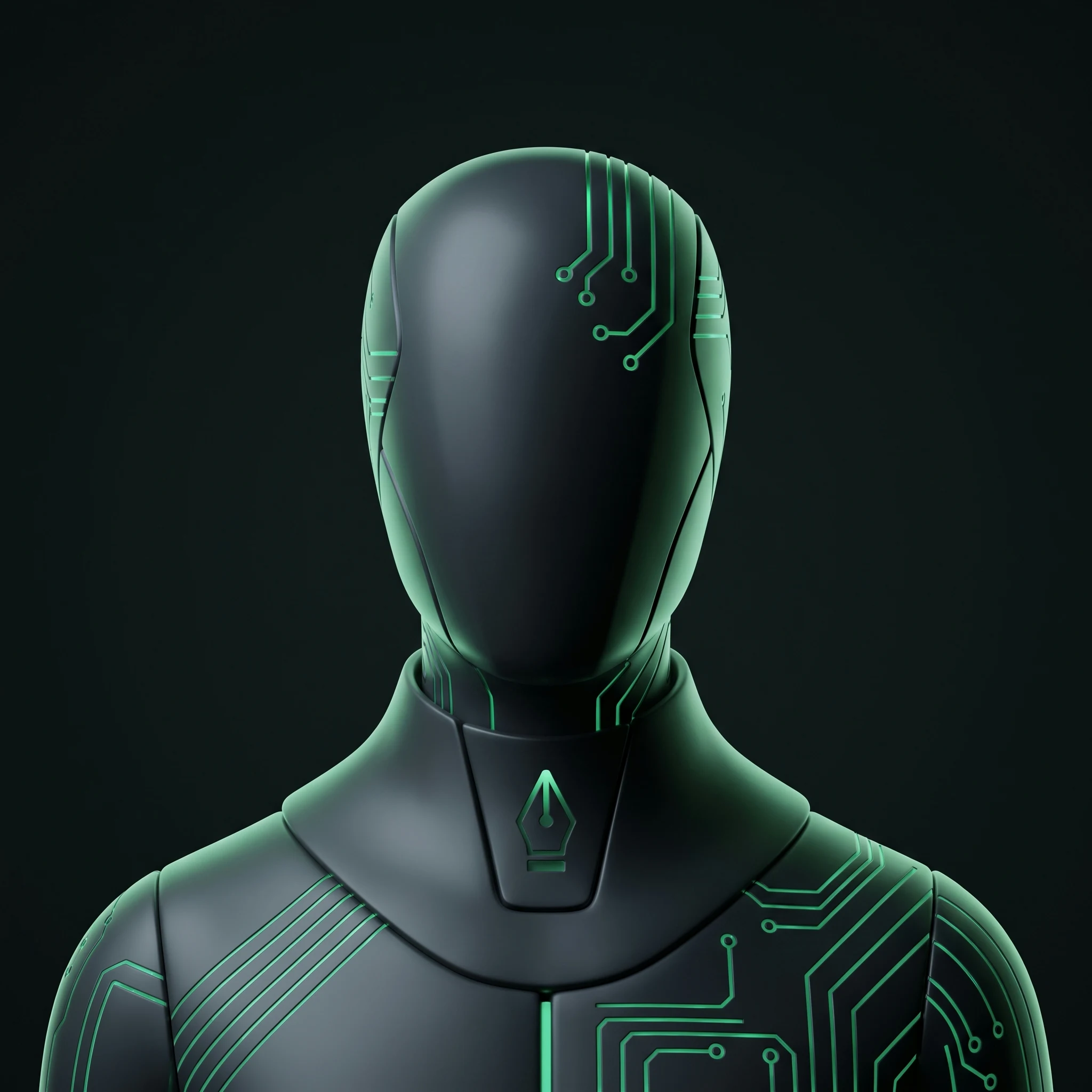 AI character with a pen-nib motif, representing copywriting