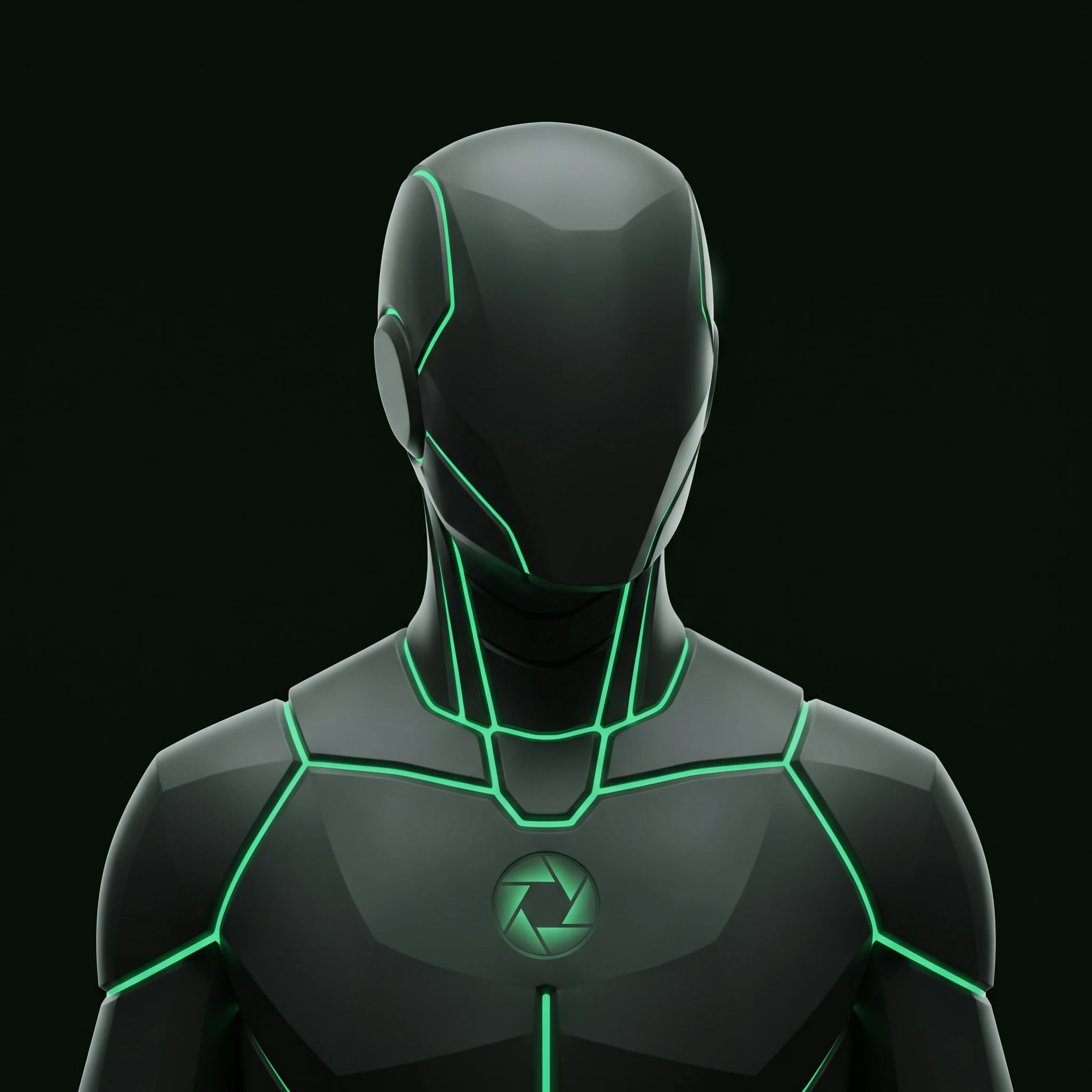 AI character with a camera-aperture motif, representing product photography