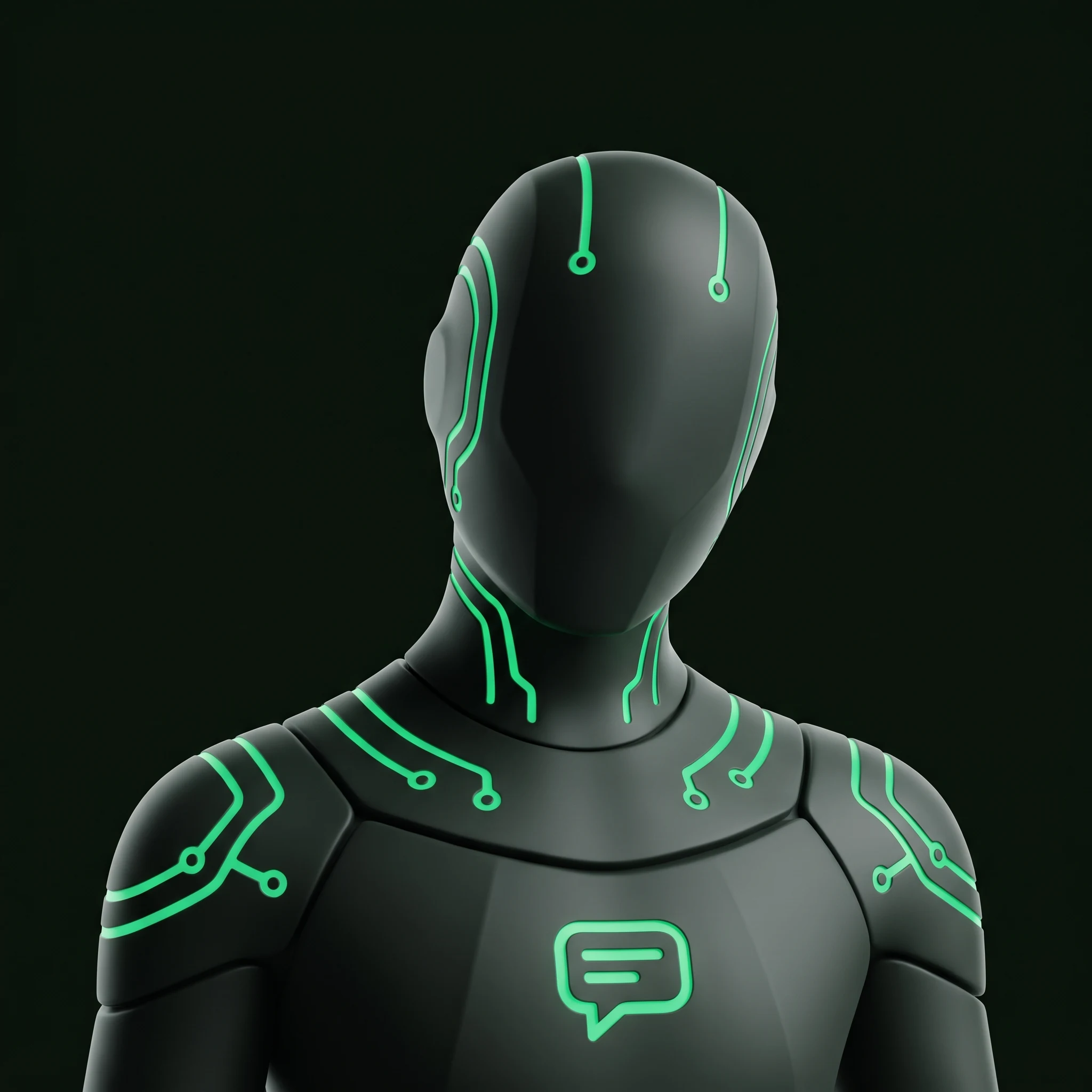 AI character with a chat-bubble motif, representing customer support