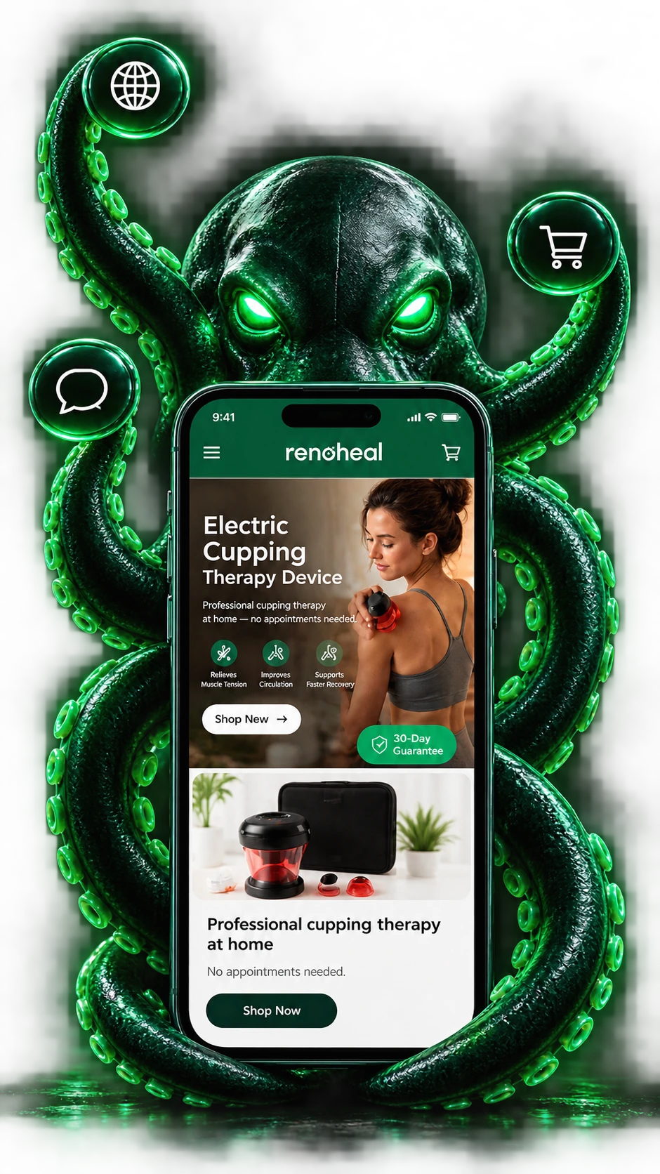 Glossy green MazaLabs octopus with glowing eyes and feature-icon tentacles wrapped around a phone showing the RenoHeal electric cupping therapy device app