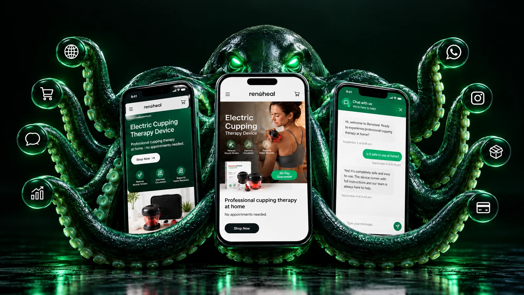 Glossy green MazaLabs octopus with tentacles looping into feature icons, wrapping three phones showing RenoHeal electric cupping therapy device app
